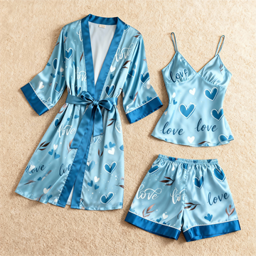 Blue Heart Shape Motif 3-Piece Satin Lounge Set for Women