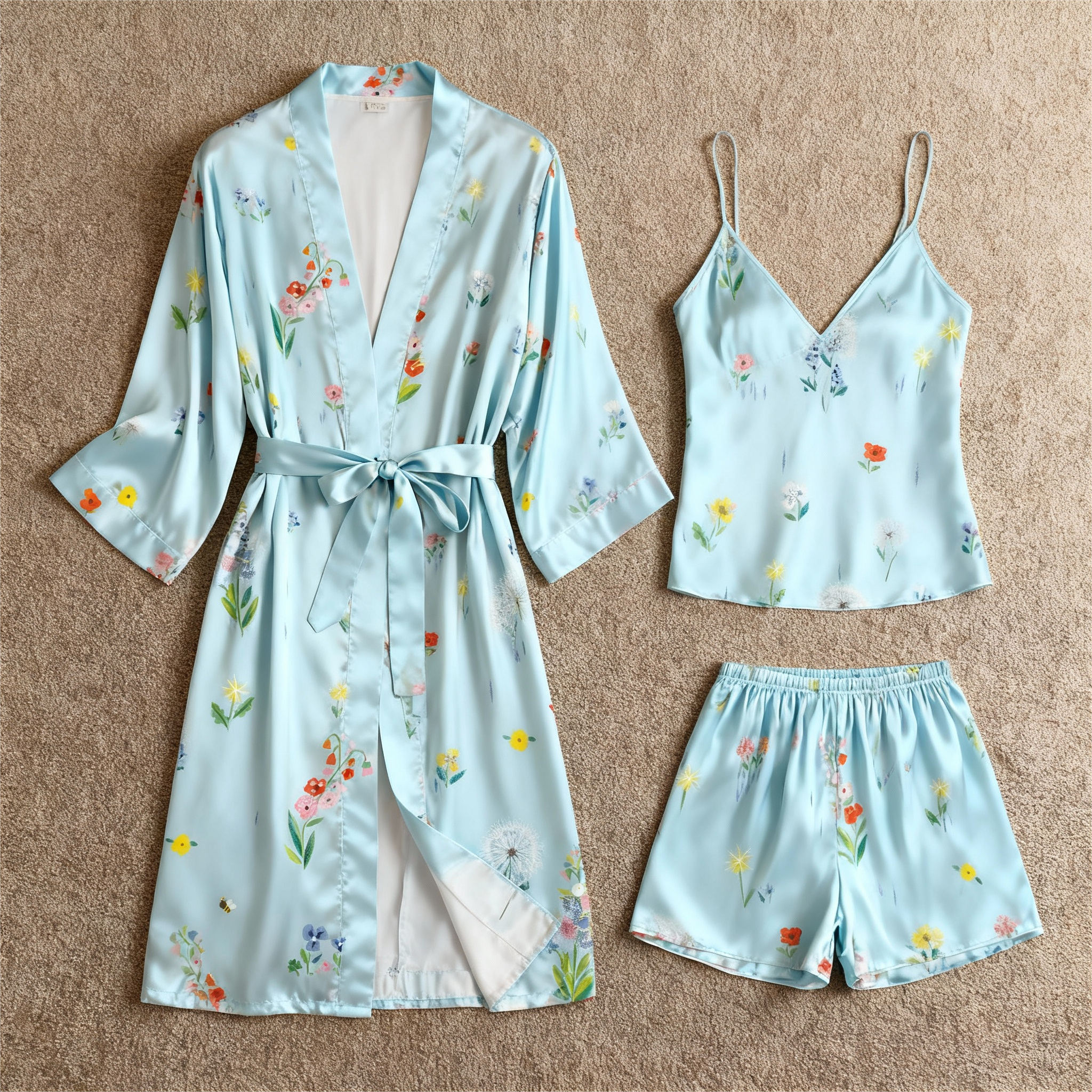 Elegant Satin Loungewear Trio in Bright Blue Style