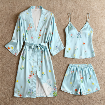 Elegant Satin Loungewear Trio in Bright Blue Style