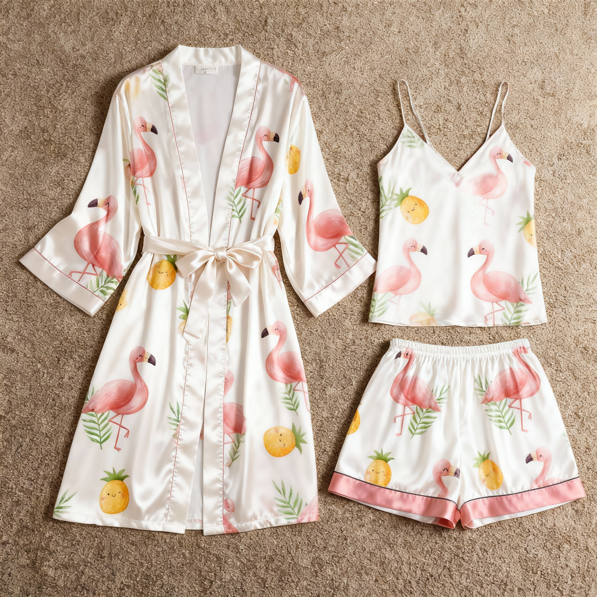 Satin 3-Piece Loungewear Set with Pink Flamingo Pattern