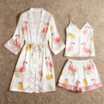 Satin 3-Piece Loungewear Set with Pink Flamingo Pattern