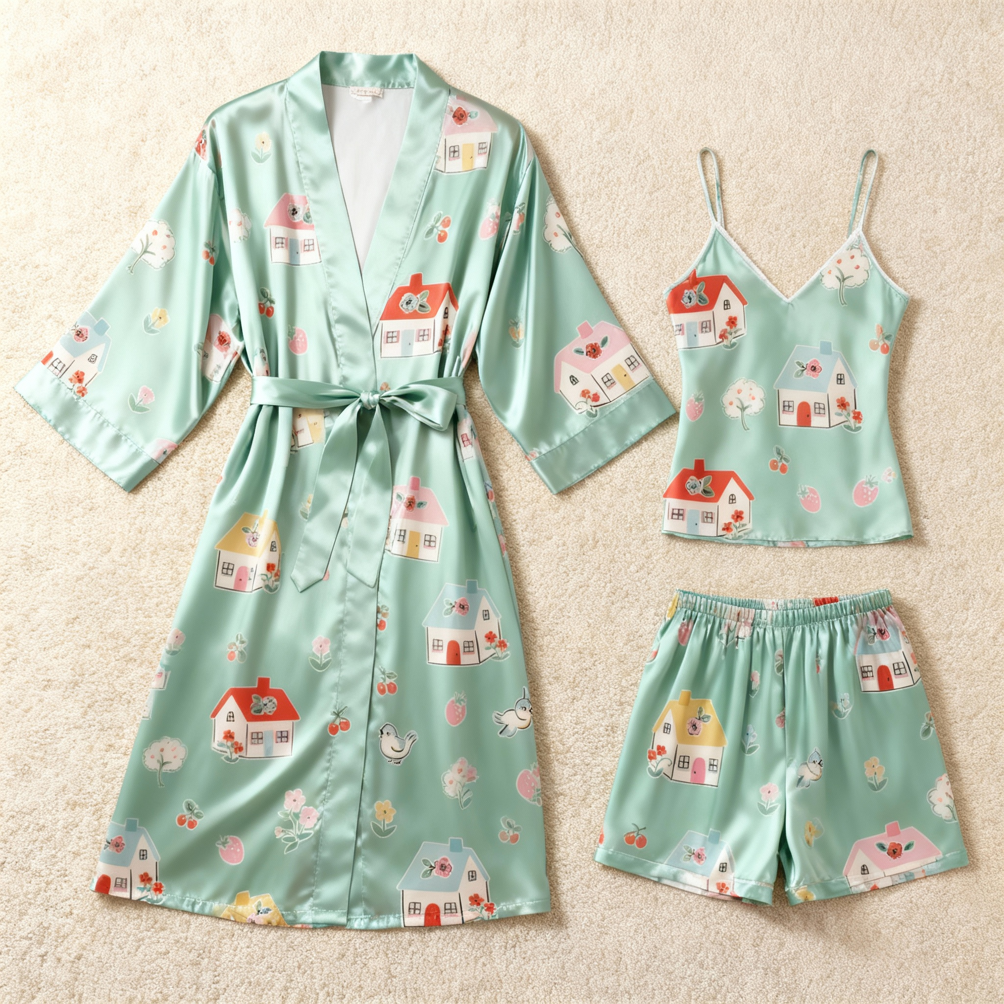 Elegant Satin Light Green Loungewear Trio with Lovely House Motif