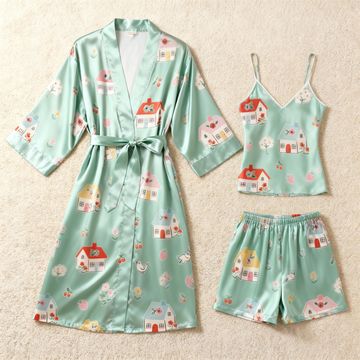 Elegant Satin Light Green Loungewear Trio with Lovely House Motif