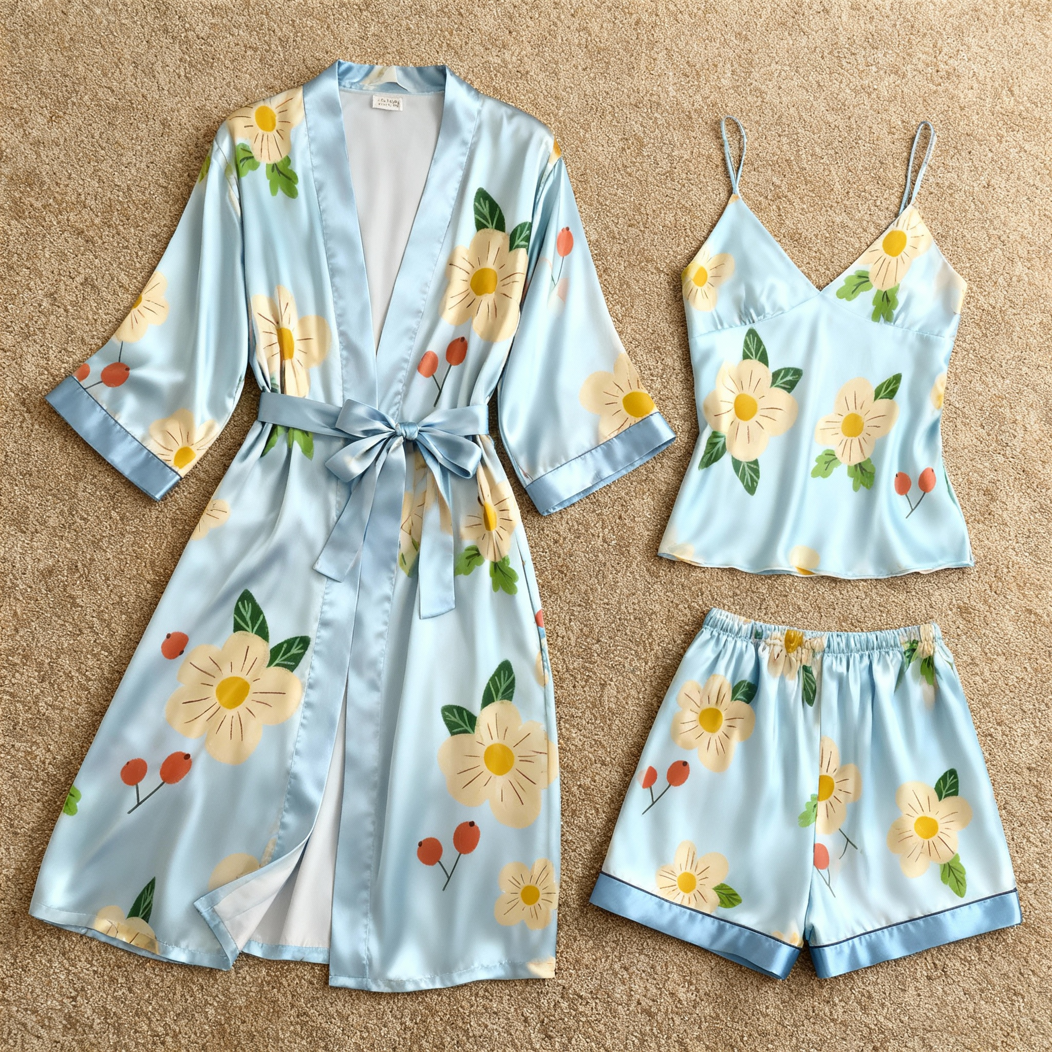 Satin 3-Piece Loungewear Set with Yellow Floral Pattern