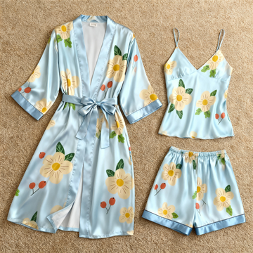 Satin 3-Piece Loungewear Set with Yellow Floral Pattern