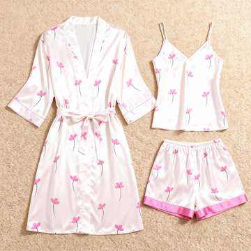 Whisper Floral Motif 3-Piece Satin Lounge Set for Women
