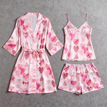 Satin 3-Piece Loungewear Set with Playful Heart Pattern