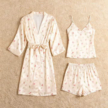 Elegant Satin Loungewear Trio with Lovely Tiny Florals Design