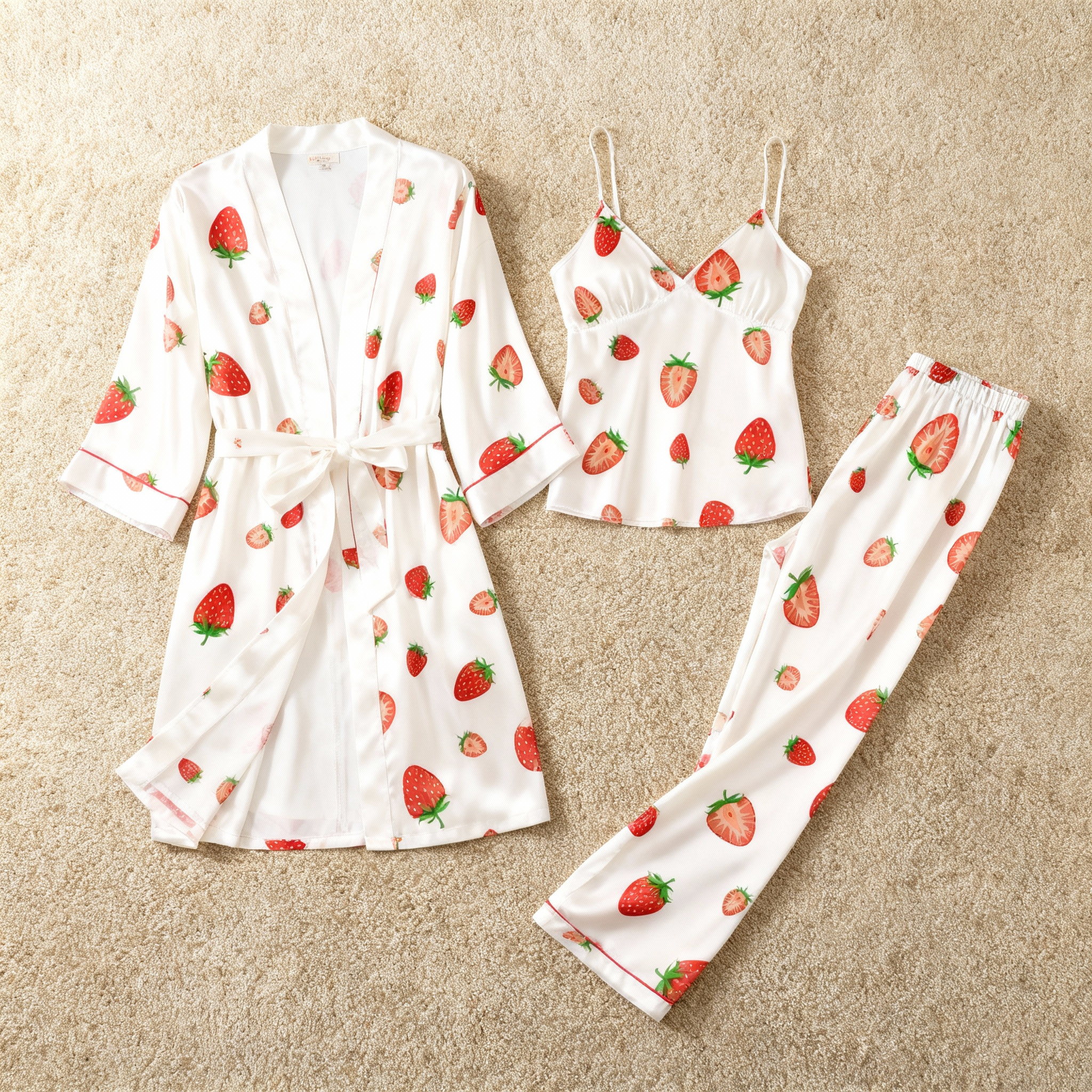 Women's Satin 3-Piece Loungewear Set in Sweet Strawberry Style