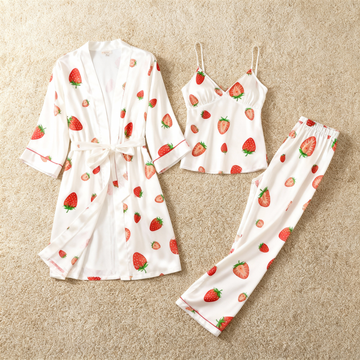 Women's Satin 3-Piece Loungewear Set in Sweet Strawberry Style