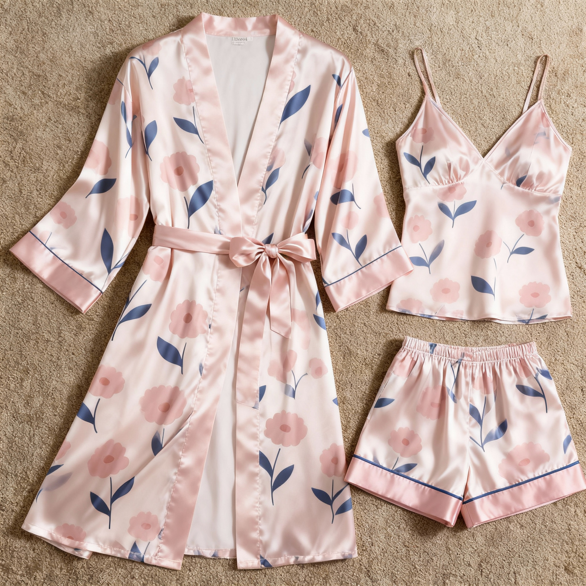 Satin 3-Piece Loungewear Set with Wildflower Pattern