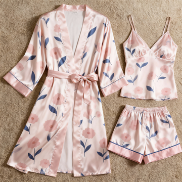 Satin 3-Piece Loungewear Set with Wildflower Pattern