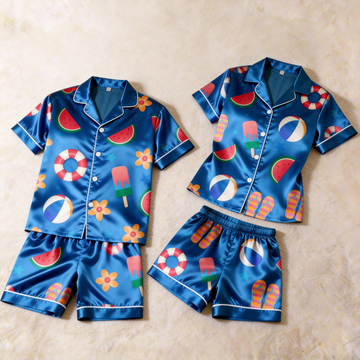 Fun Print Satin Blue Solid Sleepwear – Understated Luxury Couple Set
