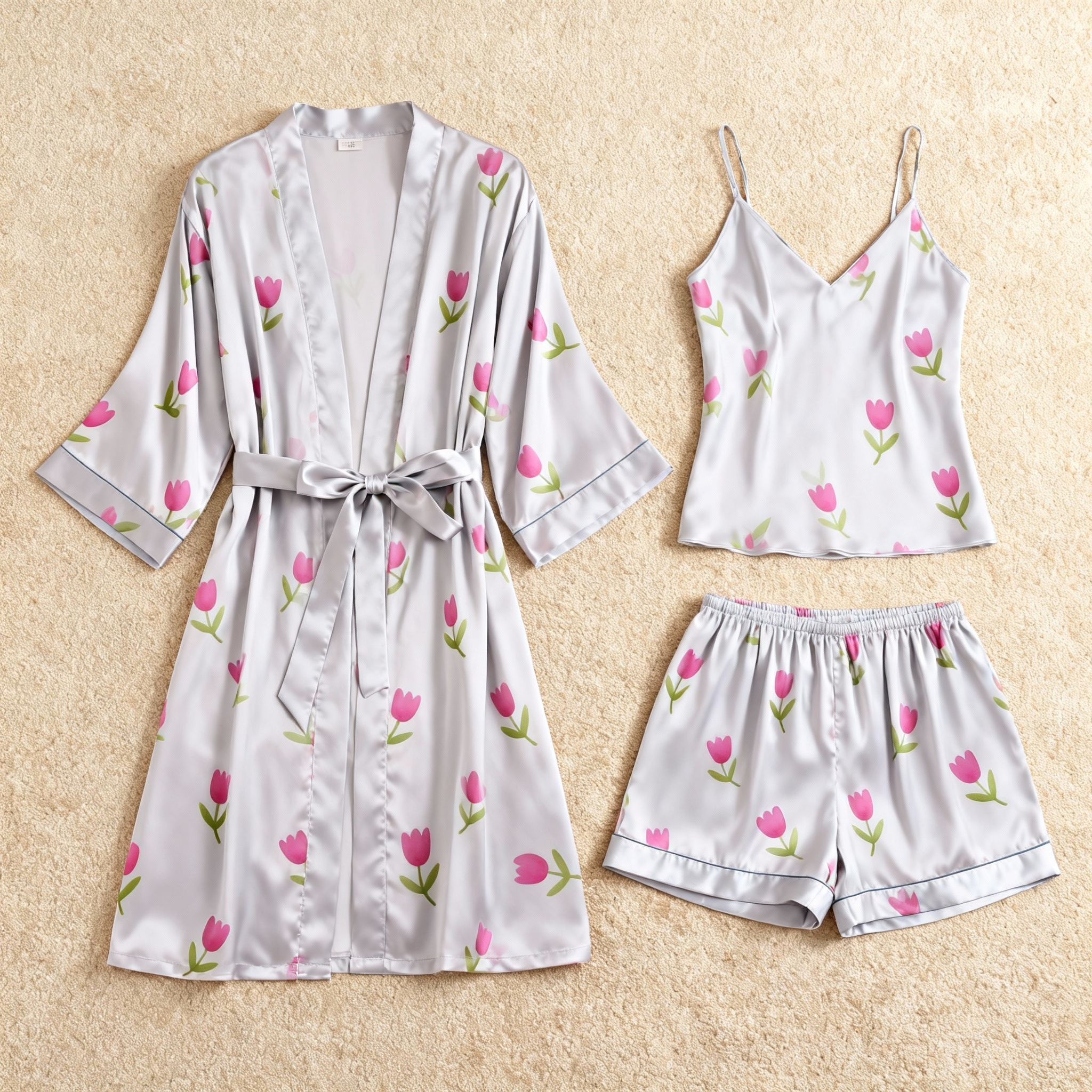 Pink Floral Motif 3-Piece Grey Satin Lounge Set for Women