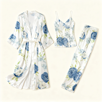 Women's Satin 3-Piece Loungewear Set in Watercolor Floral Style