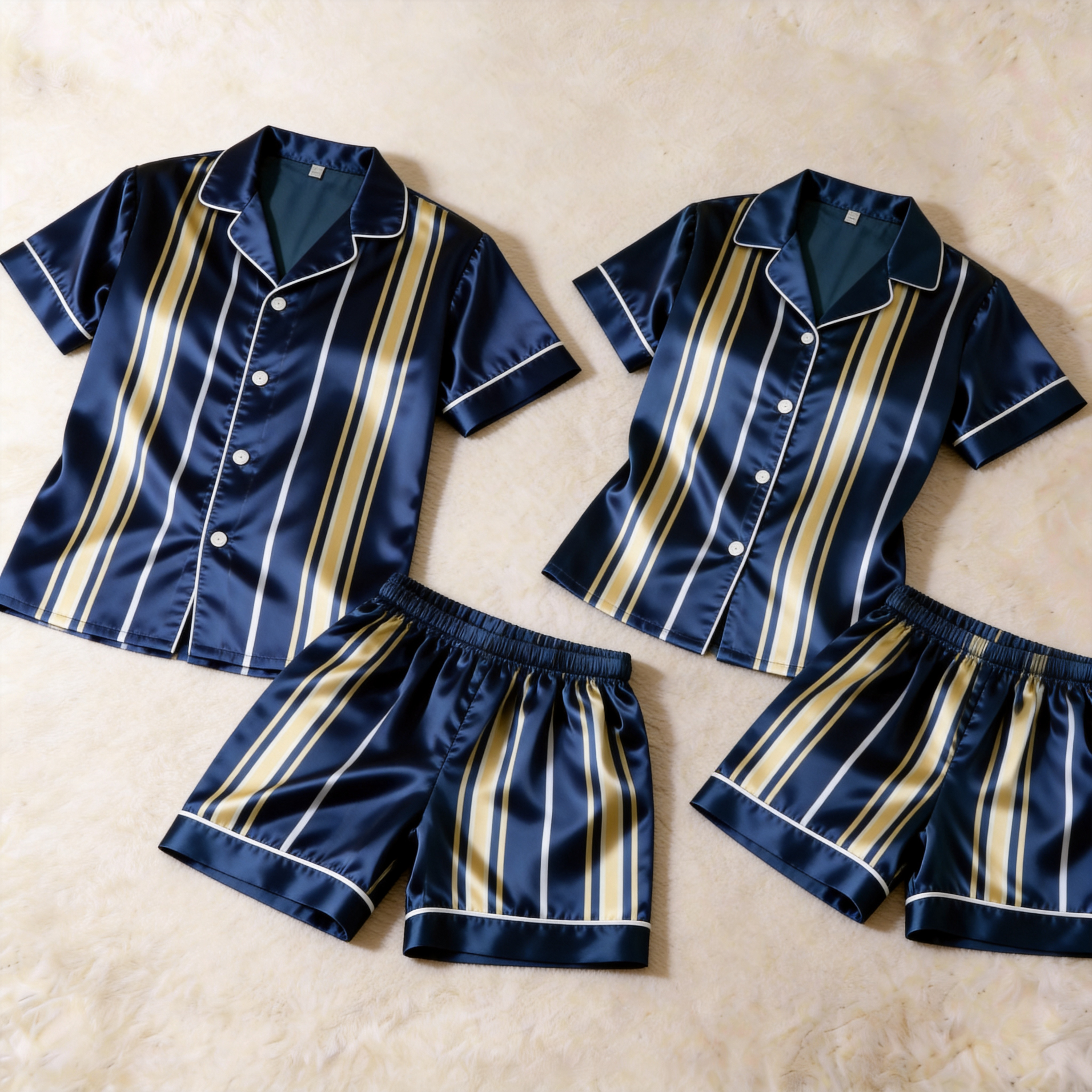 Striped Design Satin Navy Solid Sleepwear – Understated Luxury Couple Set