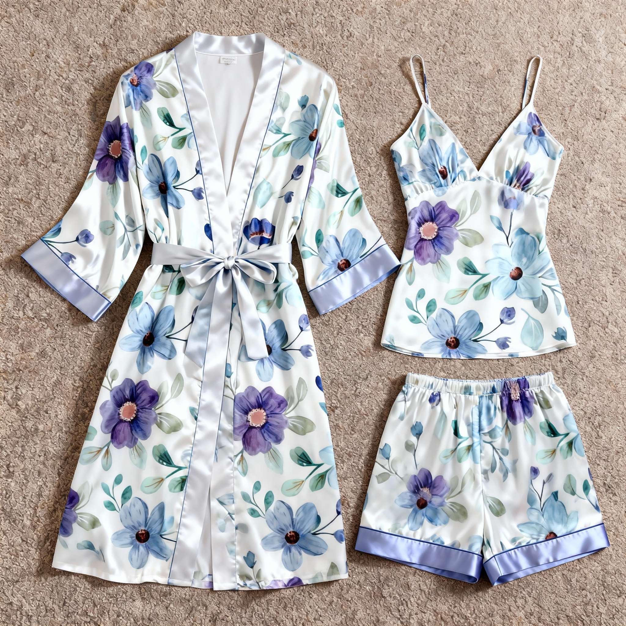 Satin 3-Piece Loungewear Set with Dreamy Floral Design