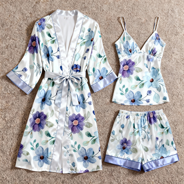 Satin 3-Piece Loungewear Set with Dreamy Floral Design