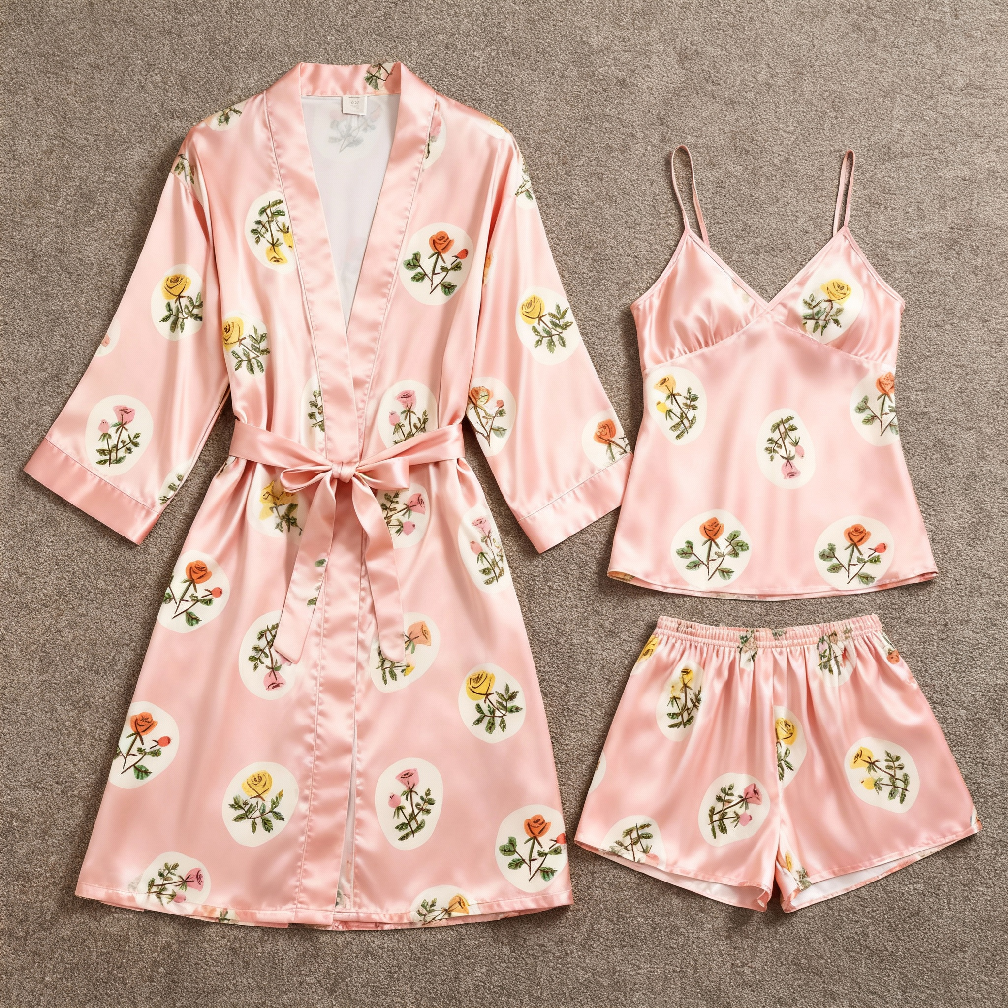 Elegant Pink Satin Loungewear Trio with Florals Design