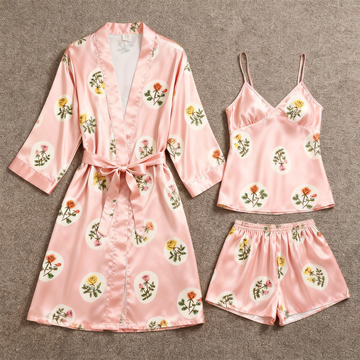 Elegant Pink Satin Loungewear Trio with Florals Design