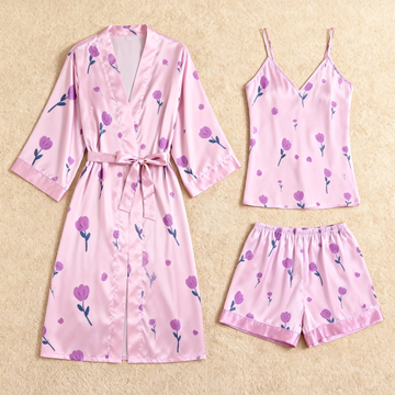 Purple Floral Motif 3-Piece Pink Satin Lounge Set for Women