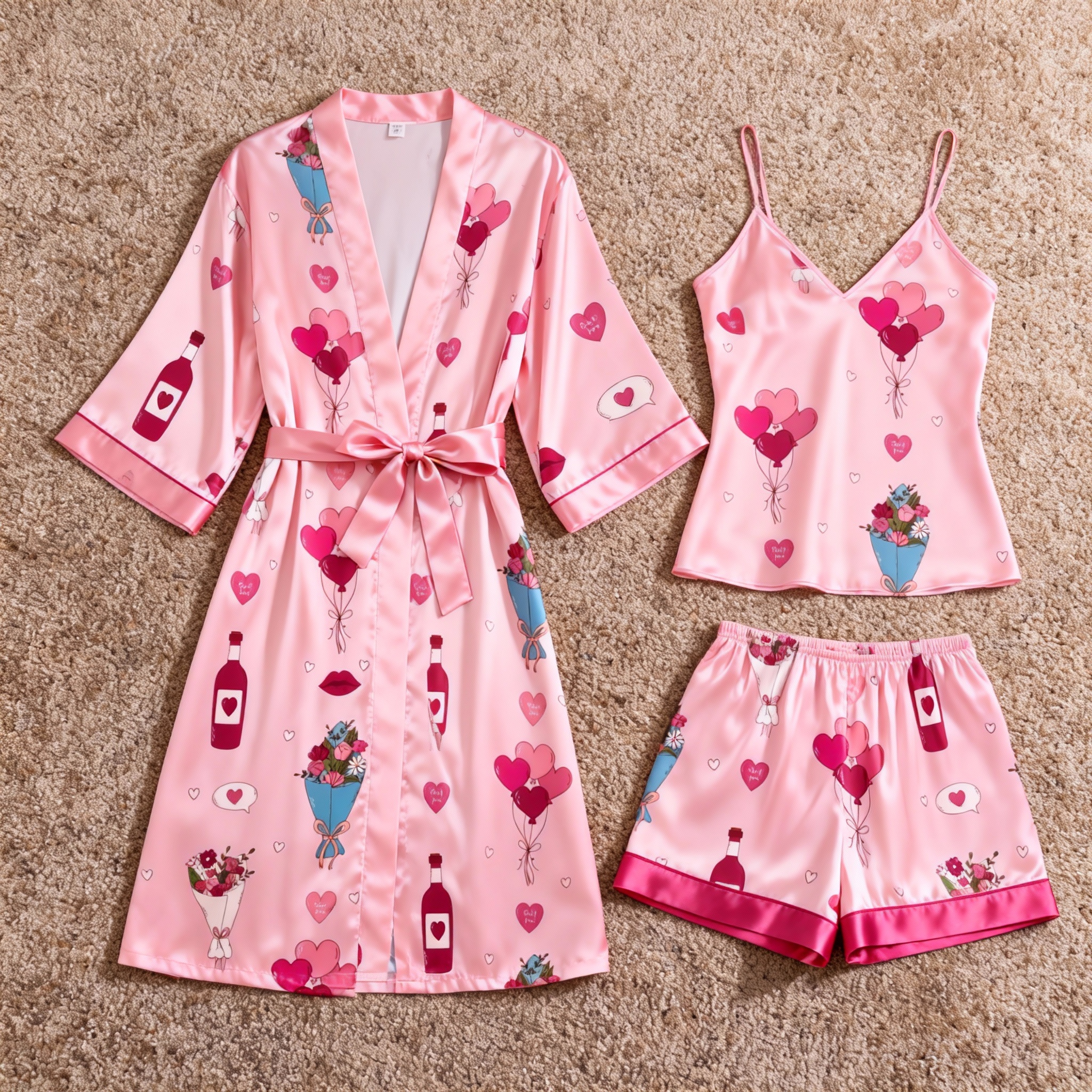 Satin 3-Piece Loungewear Set with Romantic Pink Design