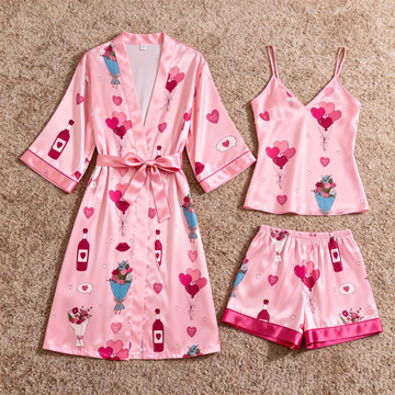 Satin 3-Piece Loungewear Set with Romantic Pink Design