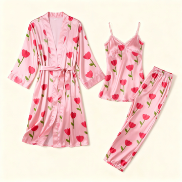 Women's 3-Piece Garden Bloom Satin Lounge Outfit