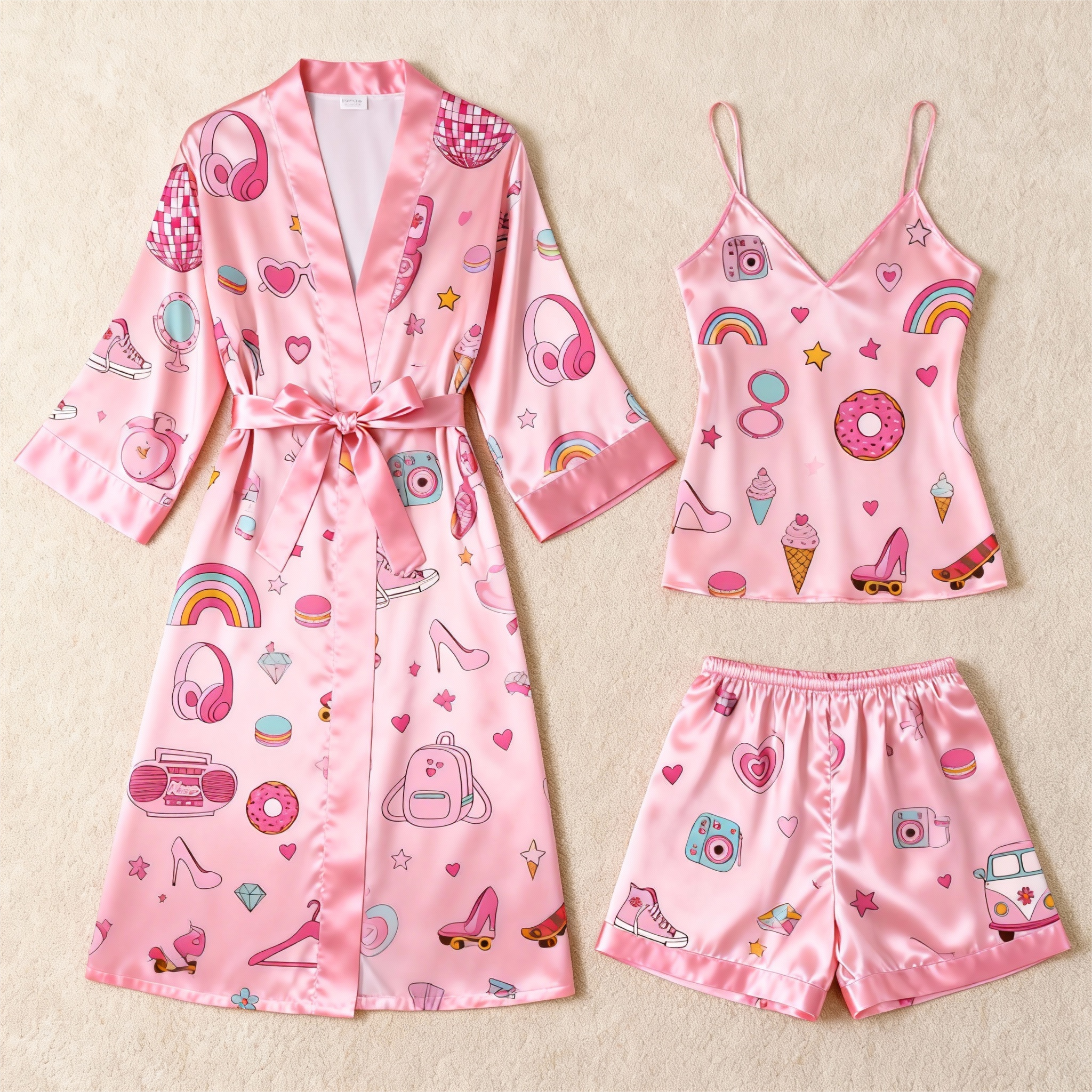 Elegant Satin 3-Piece Loungewear Set with Cartoon Pattern Design