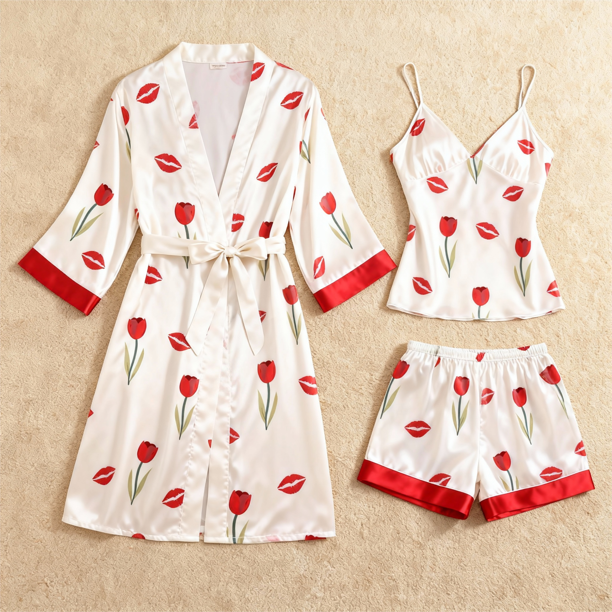 Romantic Floral Print Elegance 3-Piece Satin Lounge Set for Women