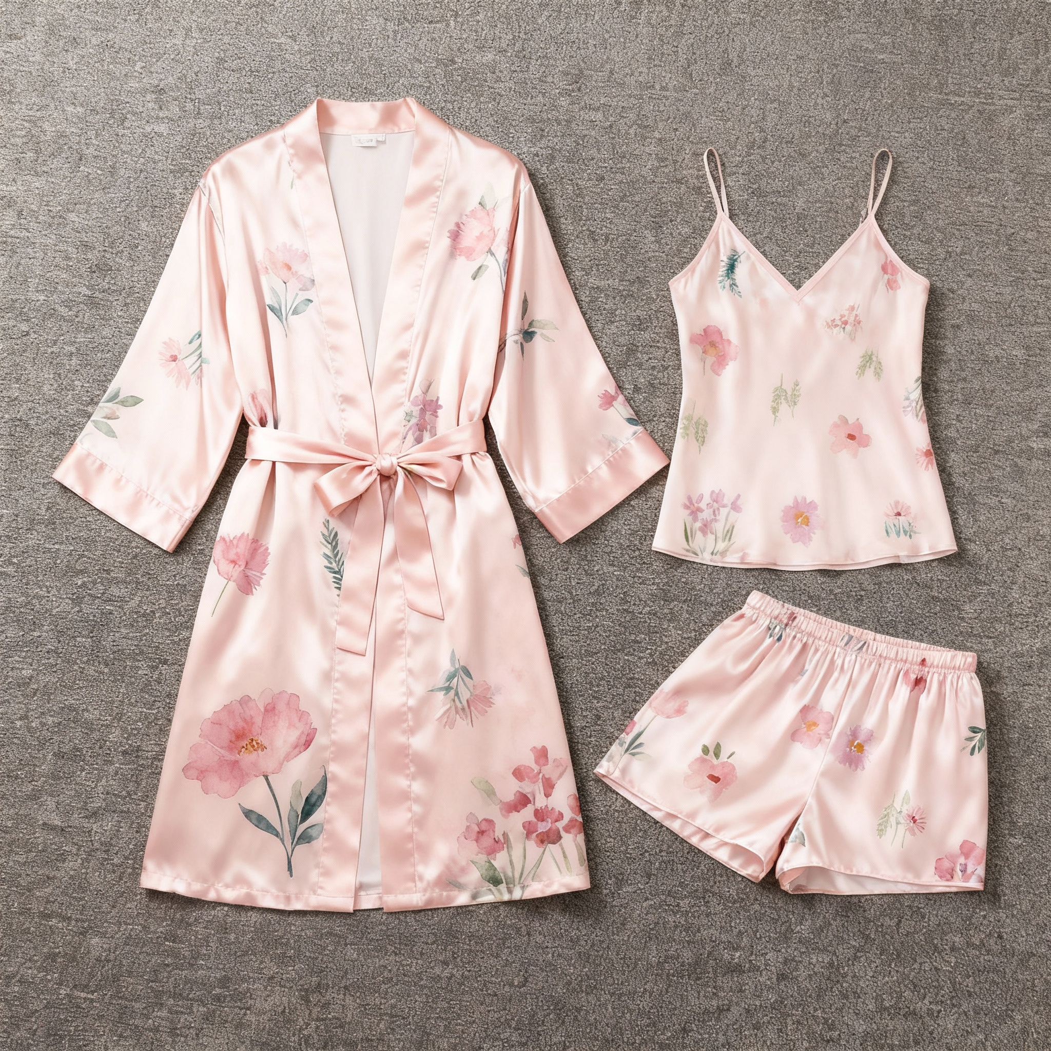 Elegant Satin Loungewear Trio with Watercolor Pink Floral