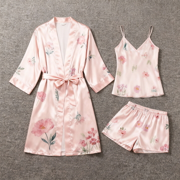 Elegant Satin Loungewear Trio with Watercolor Pink Floral