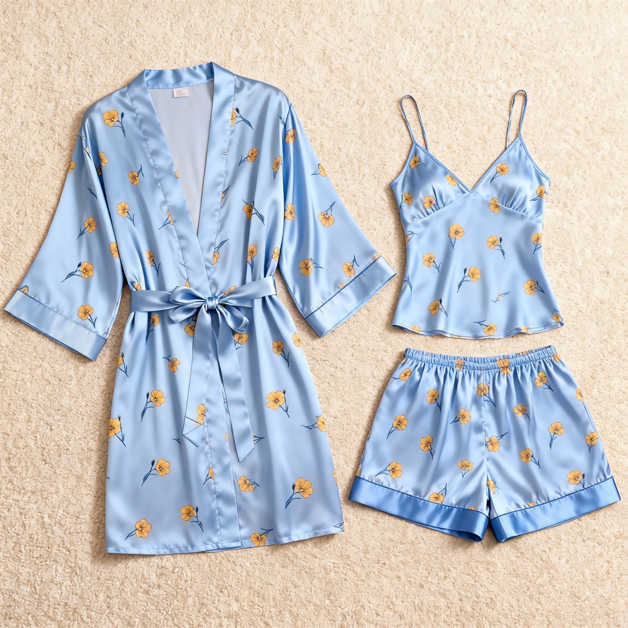 Tiny Yellow Floral Print Elegance 3-Piece Satin Lounge Set for Women