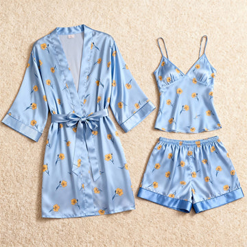 Tiny Yellow Floral Print Elegance 3-Piece Satin Lounge Set for Women