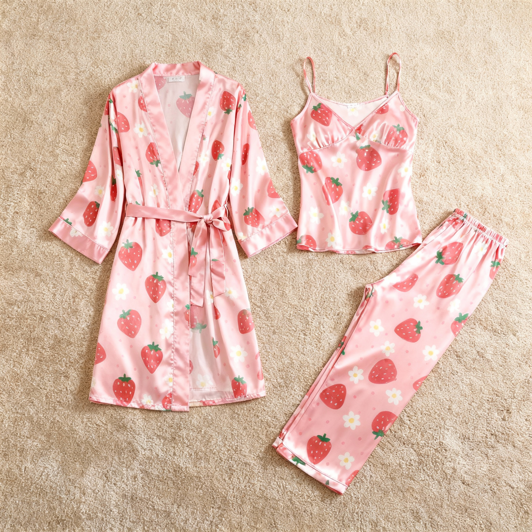 Satin 3-Piece Cute Strawberry Sleepwear Set for Women