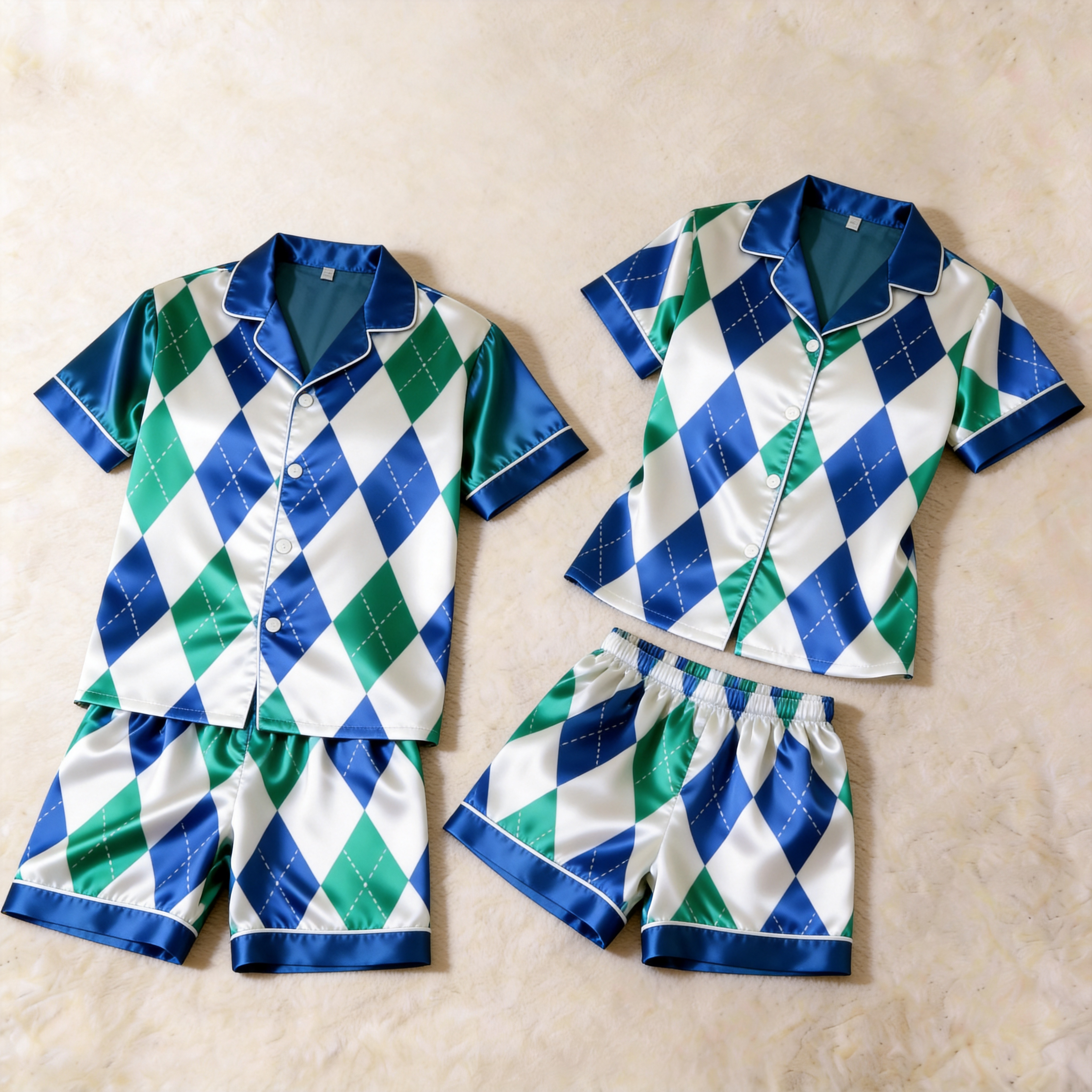 Green & Blue Plaid Design Satin Solid Sleepwear – Understated Luxury Couple Set
