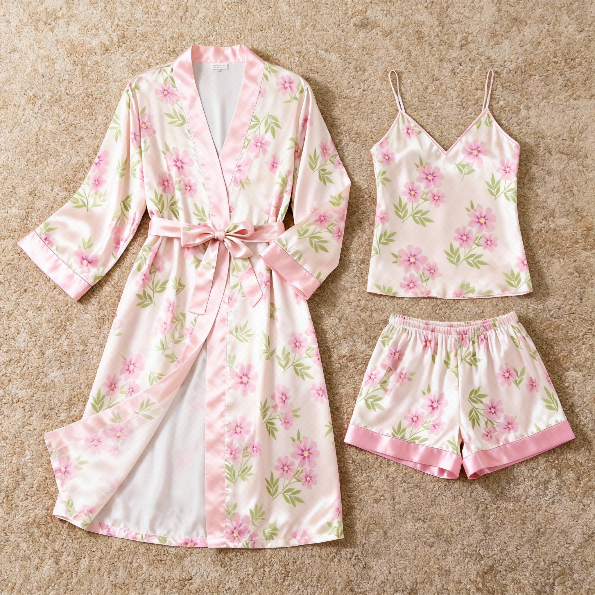 Satin 3-Piece Loungewear Set with Dense Floral Design
