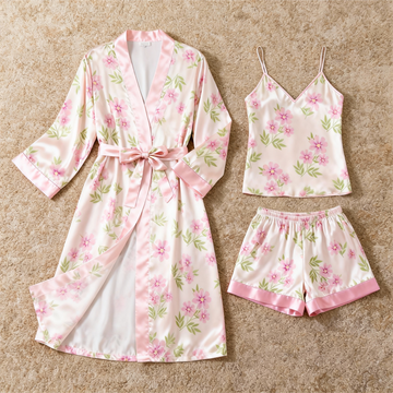 Satin 3-Piece Loungewear Set with Dense Floral Design