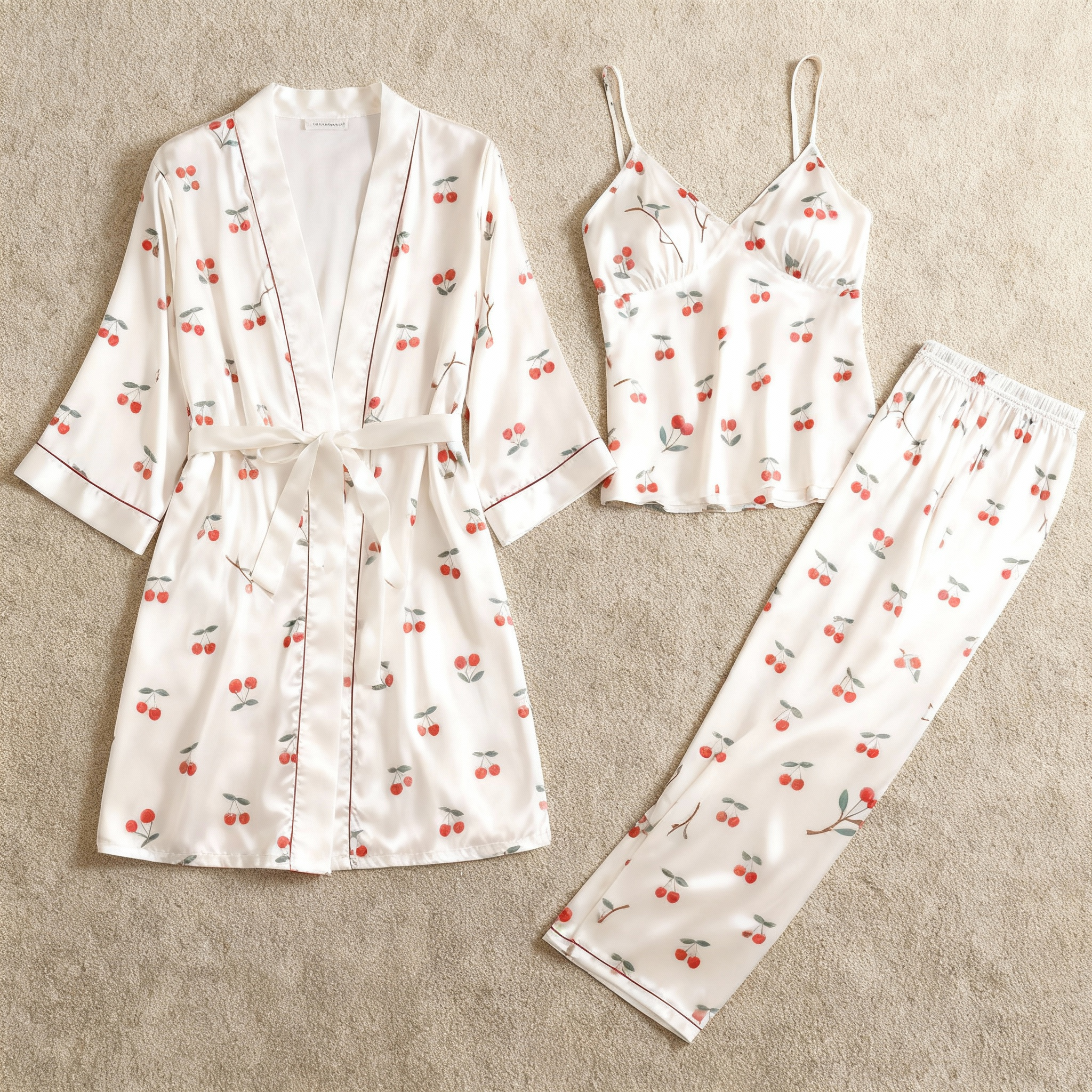 Women's Satin 3-Piece Loungewear Set in Playful Cherry Style