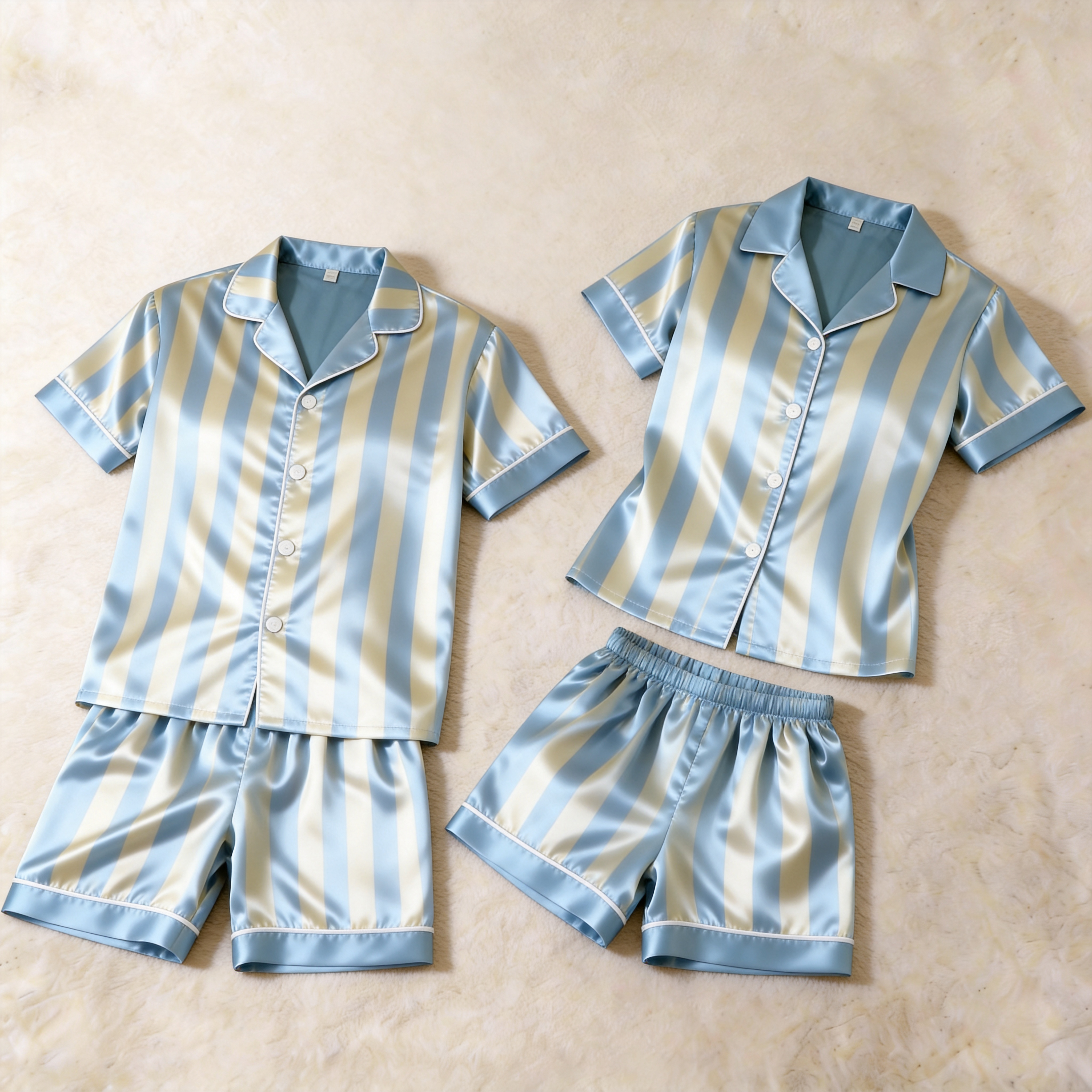 Light Blue Striped Design Satin Solid Sleepwear – Understated Luxury Couple Set