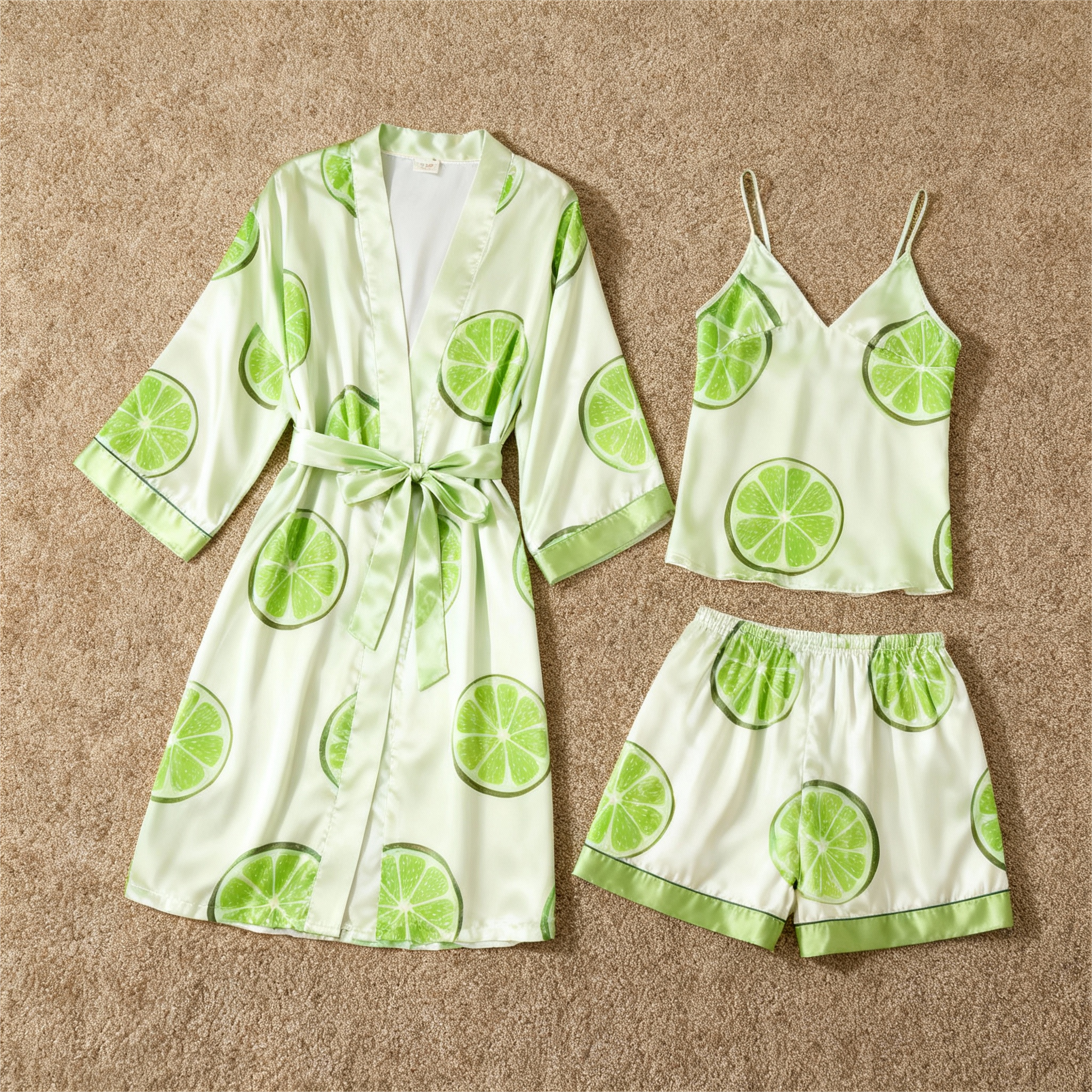 Satin 3-Piece Loungewear Set with Juicy Lemon Design