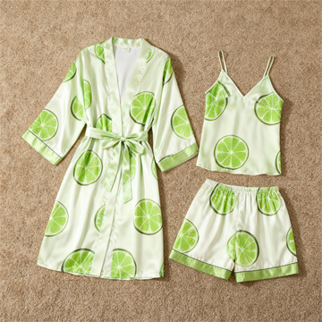 Satin 3-Piece Loungewear Set with Juicy Lemon Design