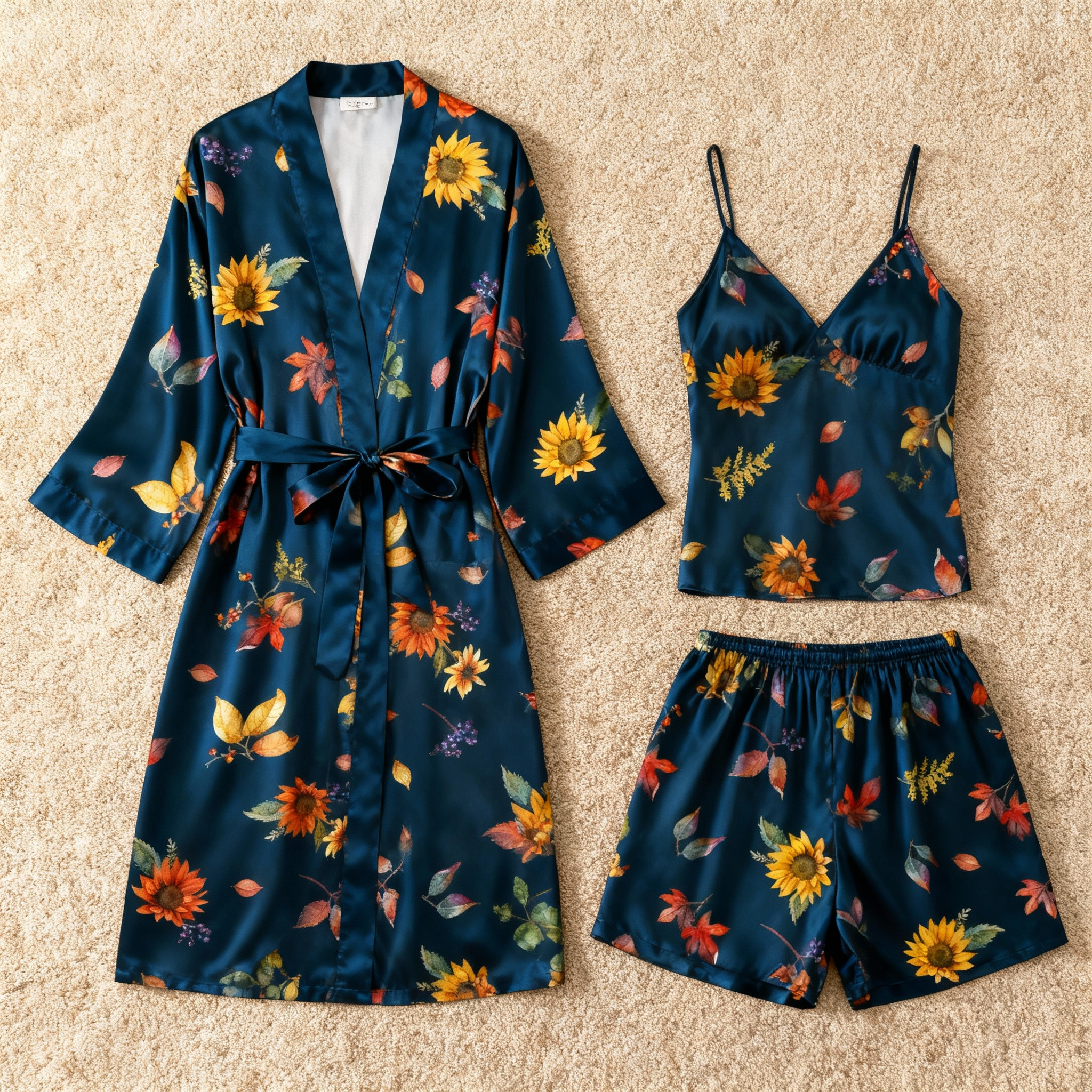 Elegant Satin Loungewear Trio with Sunflorals Design
