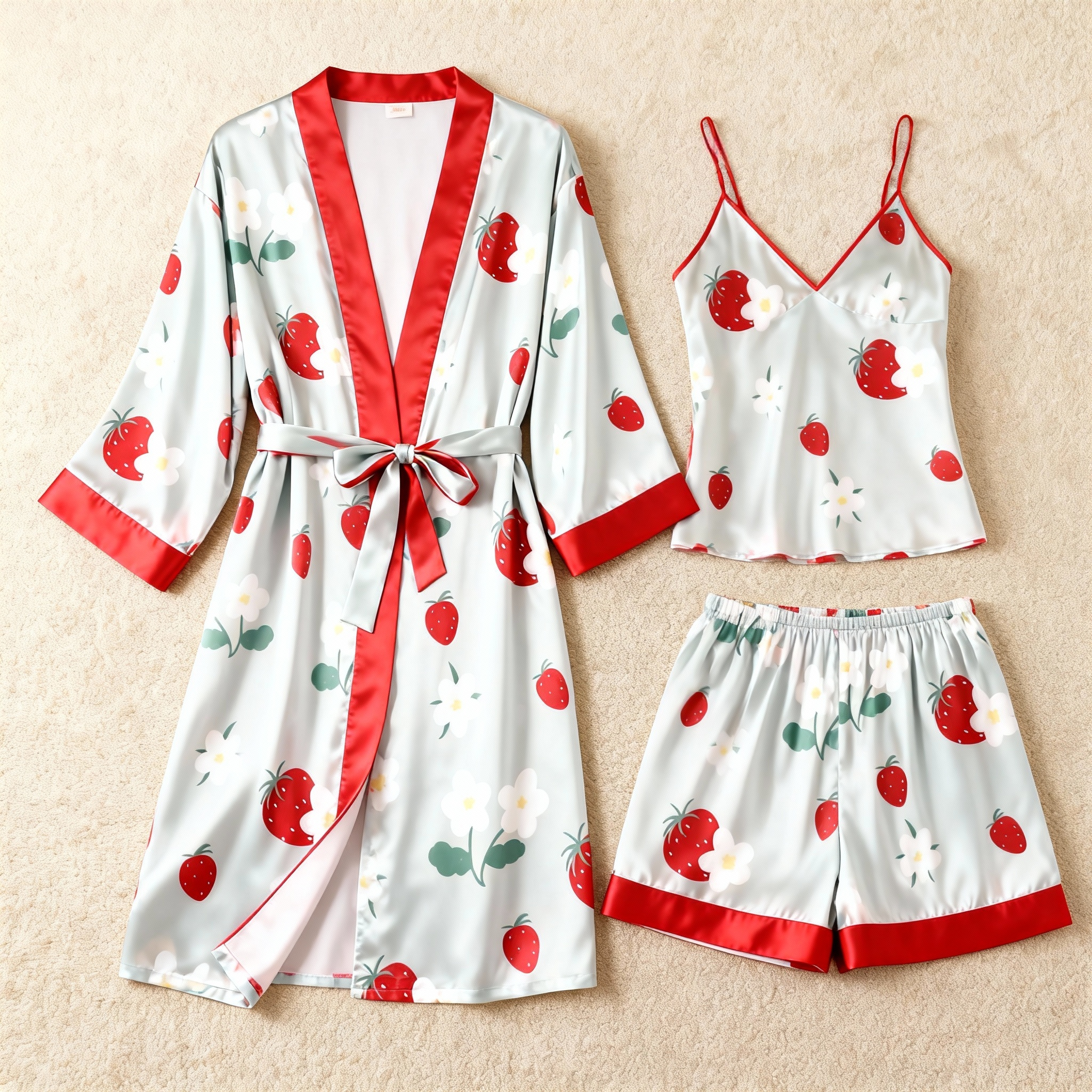 Cute Strawberry Motif 3-Piece Satin Lounge Set for Women