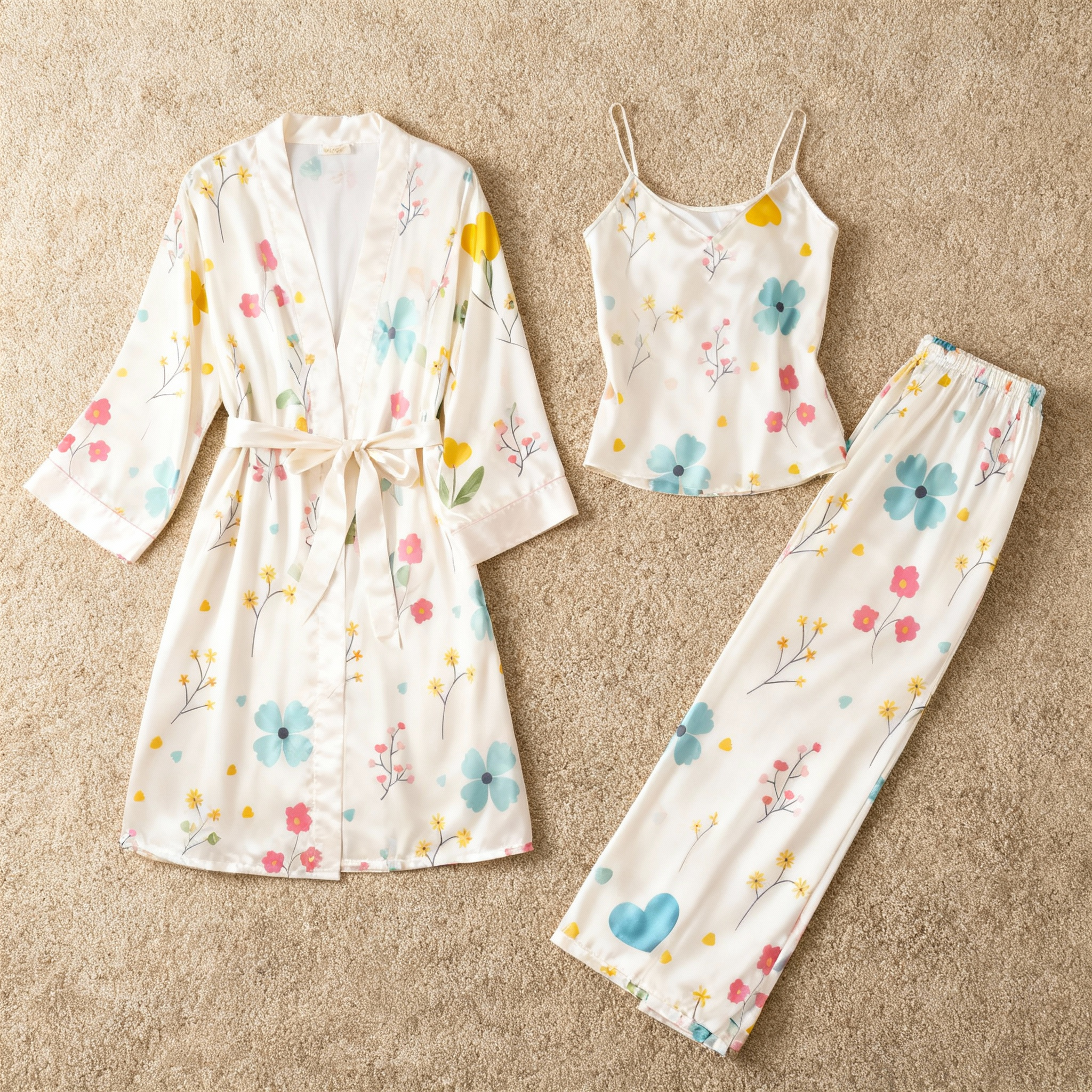 Women's Satin 3-Piece Loungewear Set in Dreamy Floral Style