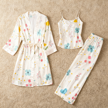 Women's Satin 3-Piece Loungewear Set in Dreamy Floral Style