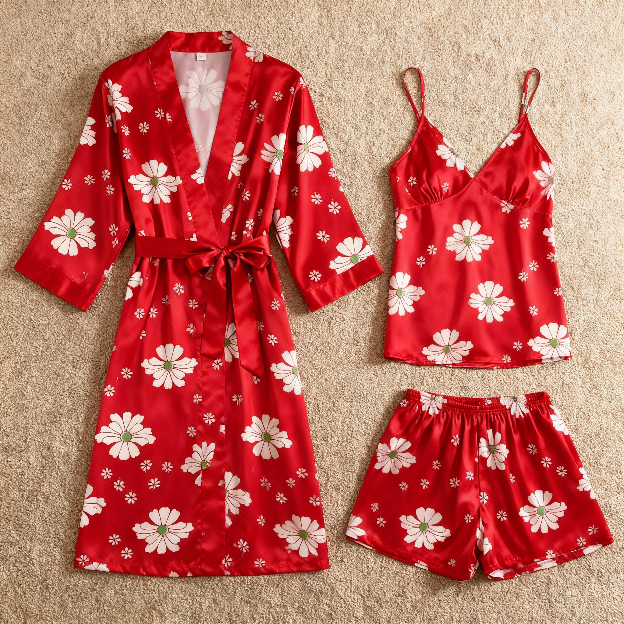 Elegant Red Satin Loungewear Trio with Florals Design