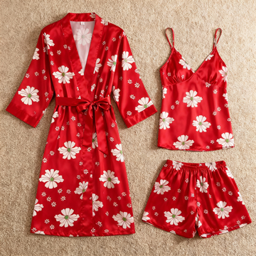 Elegant Red Satin Loungewear Trio with Florals Design