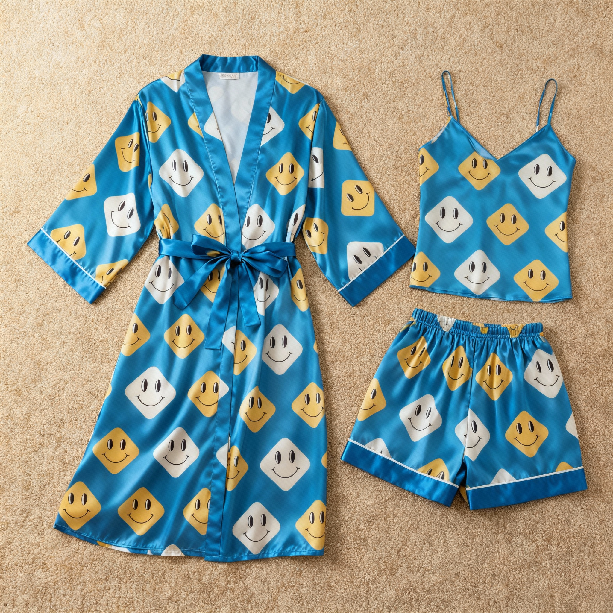 Satin 3-Piece Loungewear Set with Elegant Blue Design
