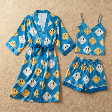 Satin 3-Piece Loungewear Set with Elegant Blue Design